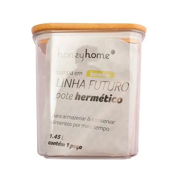 Pote Hermético Futuro 1450ml Plástico PET e Bambu 13x13x13,5cm LM4076FTO - honeyhome