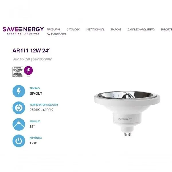 Lâmpada LED Save 12W 4000K AR111 Autovolt BR SE-105.2867 765LM 24o IP40 Branco Casa Chafariz Lâmpada LED Save 12W 4000K AR111 Autovolt BR SE-105.2867 765LM Branco Casa Chafariz