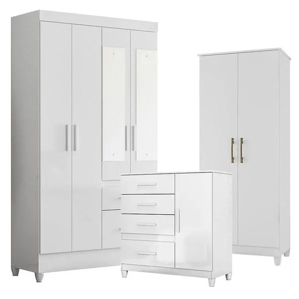 Guarda Roupa Infantil com Espelho Madri com Cômoda Vênus e Multiuso Jade 4 Portas Giratórias 2 Gavetas MDP Branco Brilho Guarda Roupa Infantil com Espelho Madri com Cômoda Vênus e Multiuso Jade 4 Portas 2 Gavetas Branco