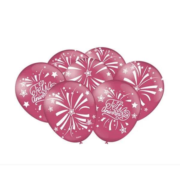 Balão Redondo 9" Festcolor Feliz Aniversário 25 Unidades 23cm Rosa Escuro (MP)