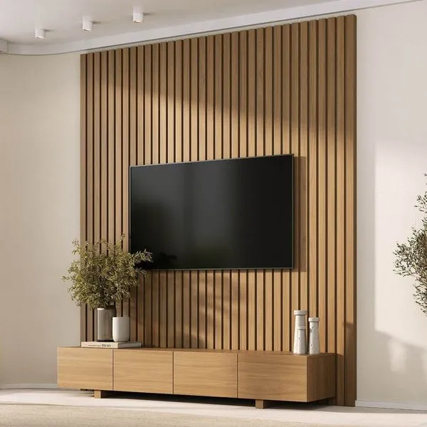 Rack com Painel Ripado para TV até 75 Polegadas 200cmx250cm Liso Aruá CabeCasa MadeiraOriginals Marrom Jatobá Jatoba