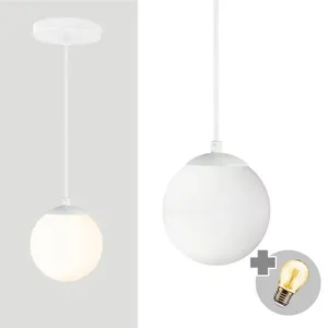 Pendente Branco C/ Globo De Vidro Branco De 14cm + Led 2w