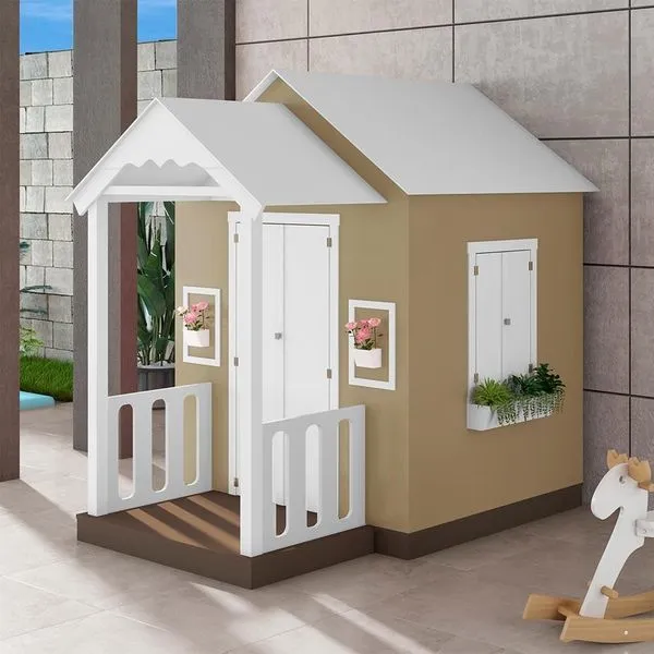 Casinha de Brinquedo com Varanda e Cerca Artesanal L12 Bege em MDF Criança Feliz Casinha de Brinquedo com Varanda e Cerca L12 Bege MDF Criança Feliz
