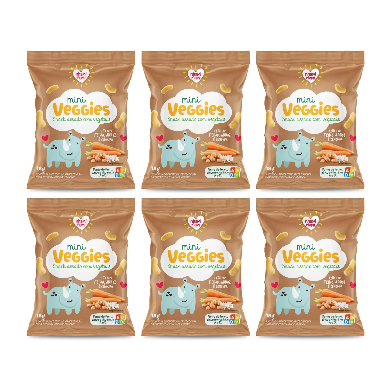 Kit Snack Infantil Sem Glúten Feijão Arroz e Cenoura - Mini Veggies Nhami Mami 6 Unidades 18g