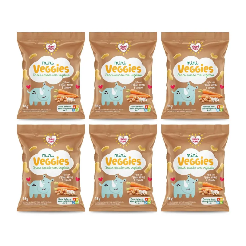 Kit Snack Infantil Sem Glúten Feijão Arroz e Cenoura - Mini Veggies Nhami Mami 6 Unidades 18g