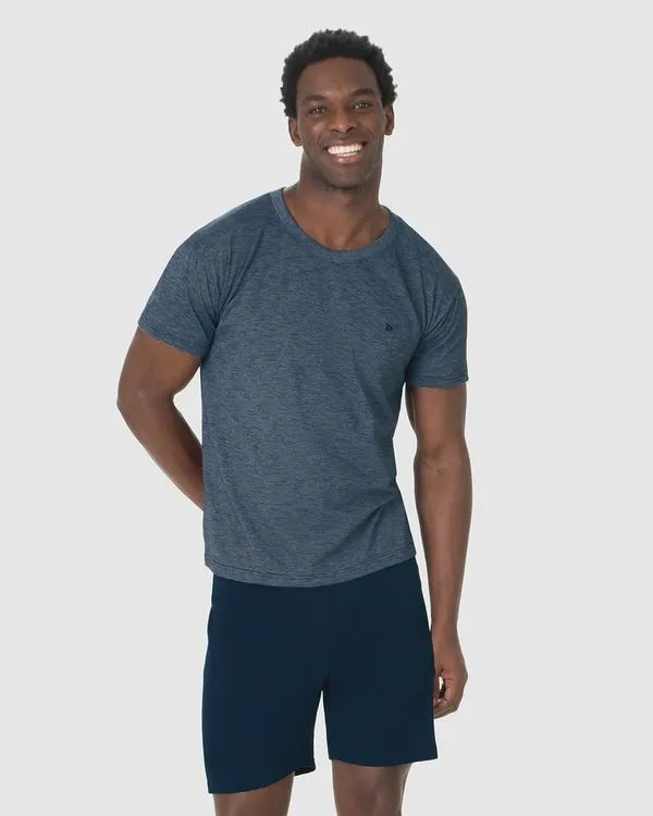 Pijama Curto Masculino Camiseta Decote Redondo Em Malha Fio A Fio Azul - XGG