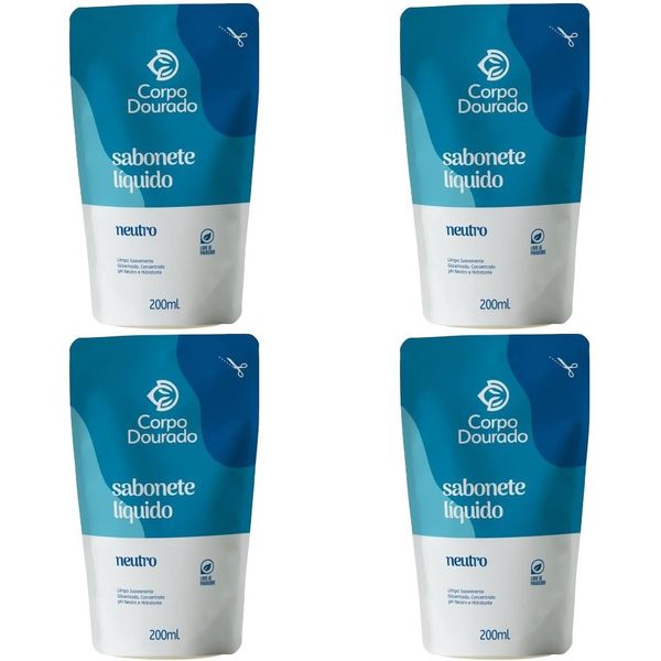 Kit c/4 Sabonetes Líquido Corpo Dourado Pouch 200ml Neutro