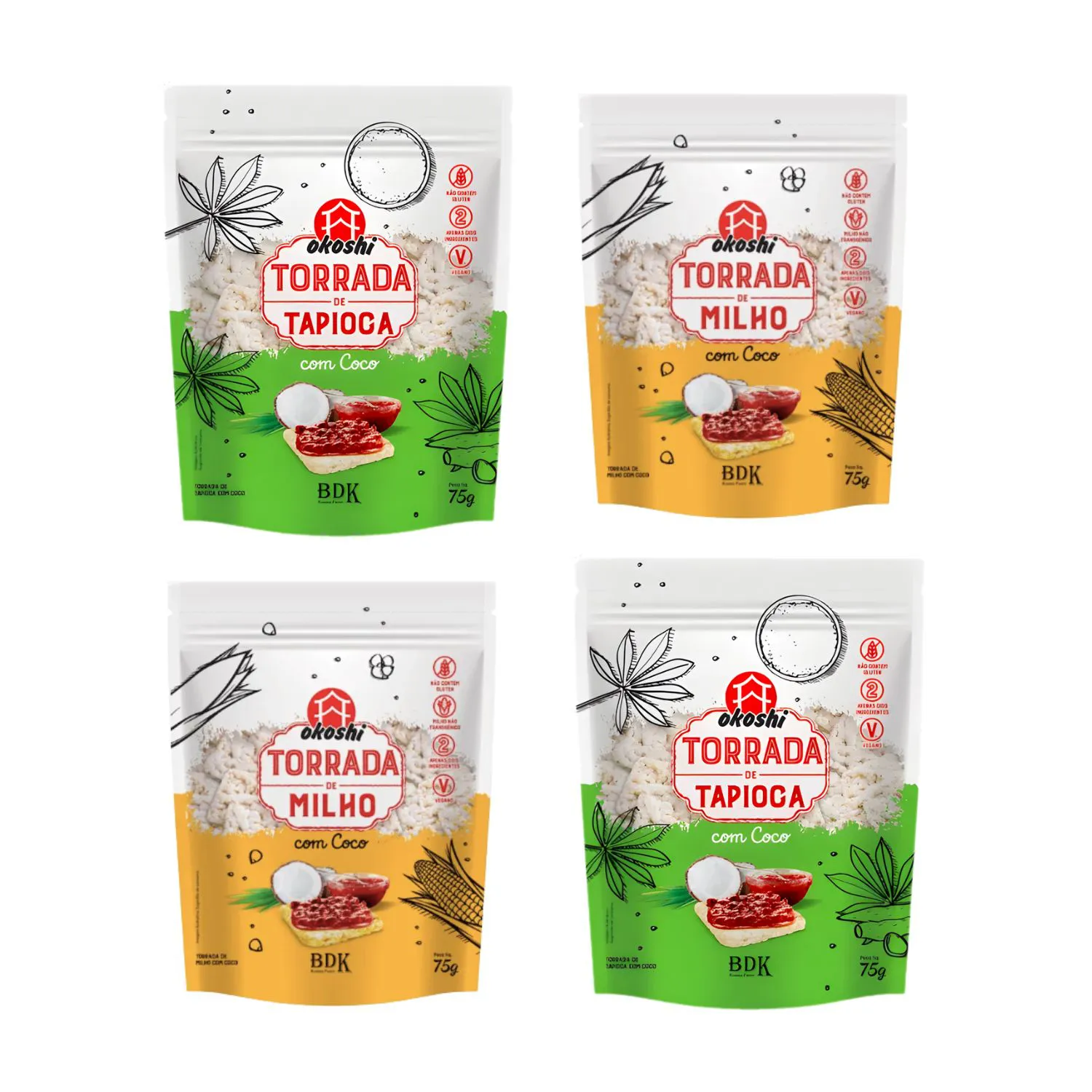 Kit Torrada Sem Glúten Milho E Tapioca Com Coco - Okoshi 4 Unidades 75g