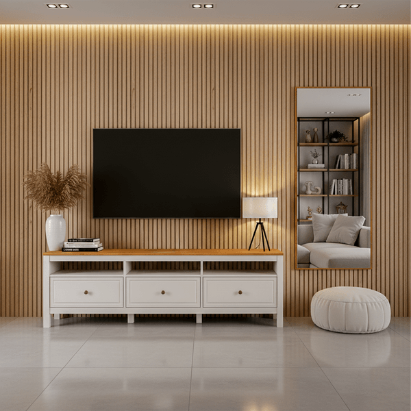 Conjunto de Sala 2 Peças com Rack e 1 Espelho Ananda CabeCasa MadeiraOriginals Branco Off White/Mel Off White/Mel