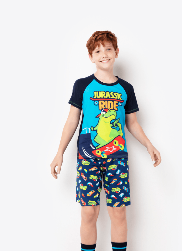 Pijama Manga Curta Menino Viscolycra Dinossauro Skate 1