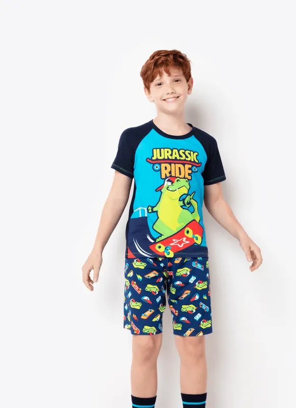 Pijama Manga Curta Menino Viscolycra Dinossauro Skate 4