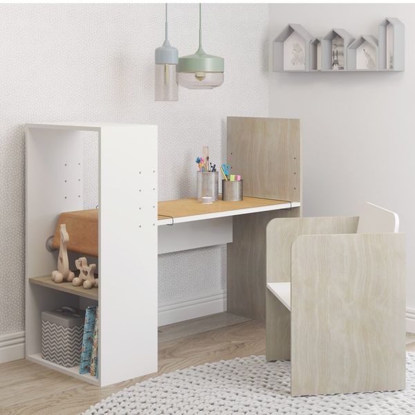 Conjunto Infantil com 1 Mesa de Desenho 1 Cadeira Regulável Branco/Nature
