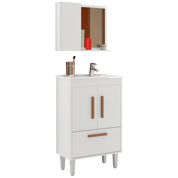 Conjunto para Banheiro, Com Cuba, 3 Portas, 3 Prateleiras, 1 Espelho - Toronto Branco
