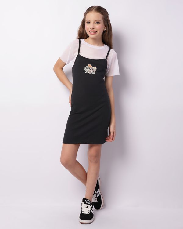 Vestido Juvenil Curto Canelado Tule Sobreposição As Meninas Super Poderosas Preto 10