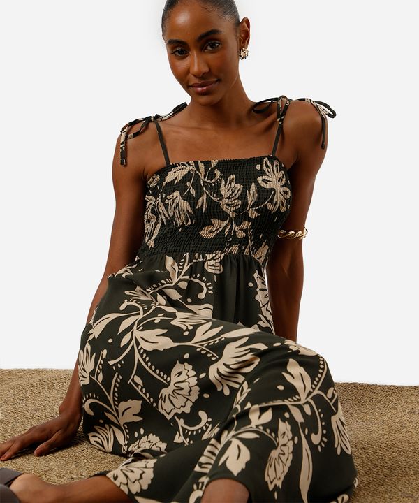 vestido midi feminino de viscose com lastex floral verde PP