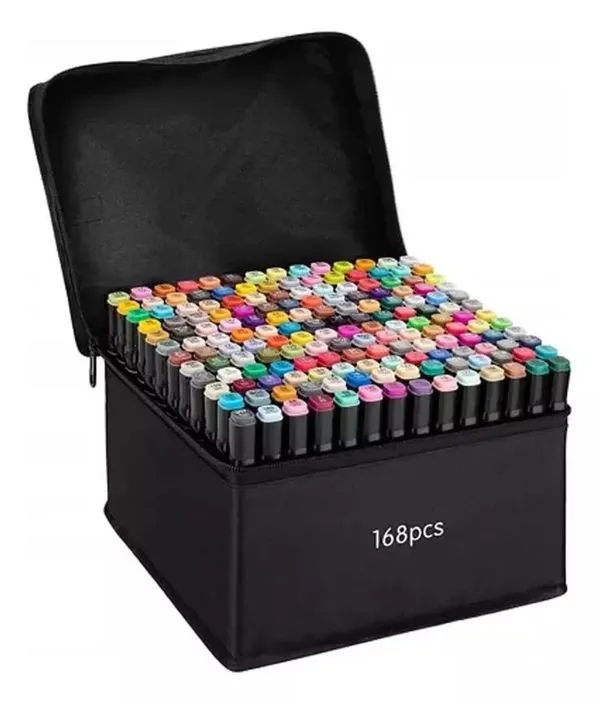 Kit Caneta Marcador Ponta Dupla 168 Cores Com Bolsa Preta