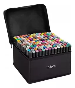 Kit Caneta Marcador Ponta Dupla 168 Cores Com Bolsa Preta