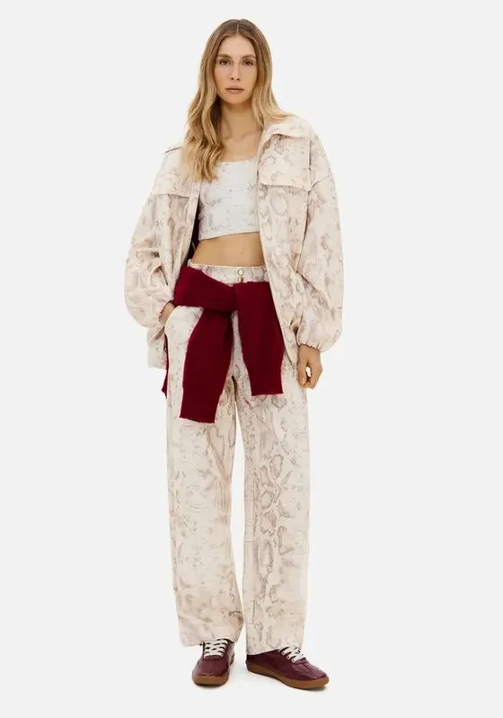 Calça Balloon Estampada Cintura Alta Bege G