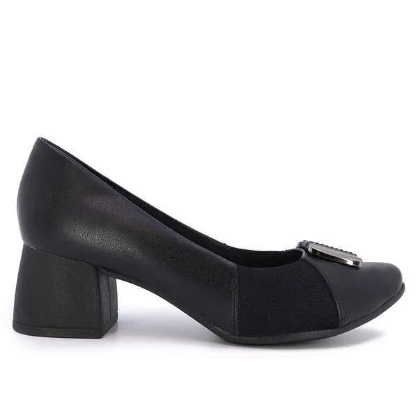Scarpin Preto Salto Bloco Couro Detalhe Tecido 36