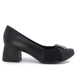 Scarpin Preto Salto Bloco Couro Detalhe Tecido 36