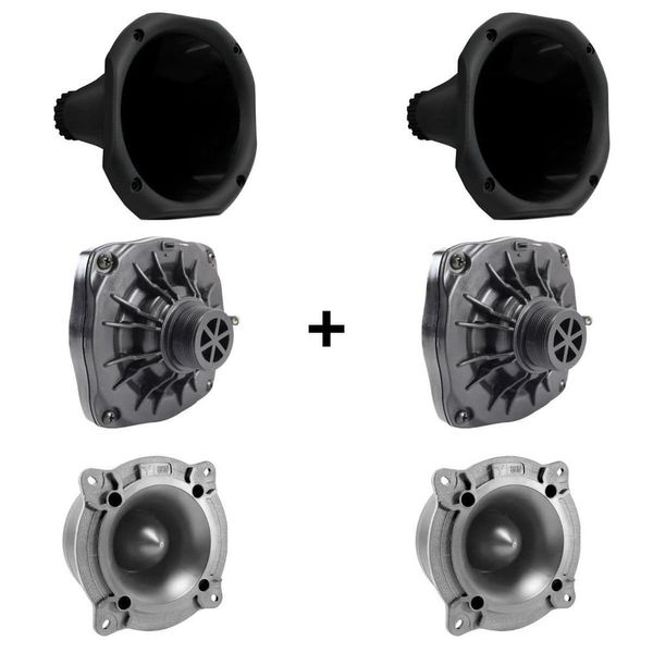 Kit de Áudio para Som com 2 Drivers 2 Cornetas e 2 Super Tweeters Modelo Kit Triplo 200W para Uso Veicular Force One Kit de Áudio para Som com 2 Drivers e 2 Super Tweeters Modelo Kit Triplo 200W Force One