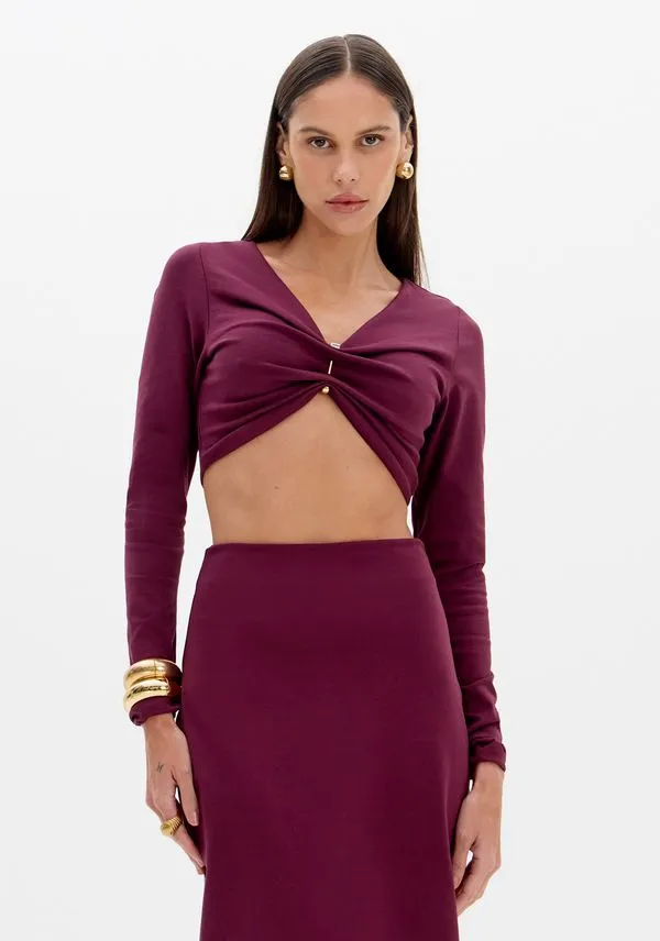 Top Cropped Com Manga Longa Bordô PP