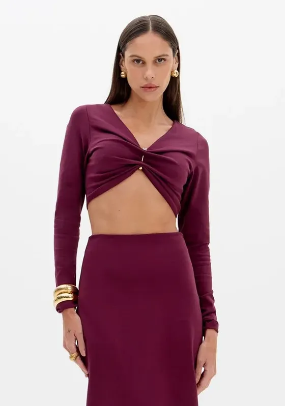 Top Cropped Com Manga Longa Bordô PP