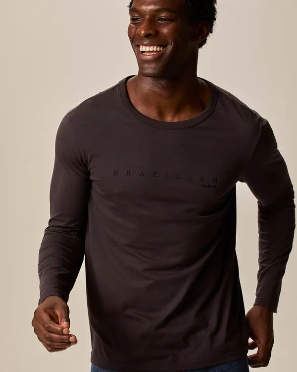Camiseta Masculina Slim Manga Longa Estampada Em Algodão Marrom - XGG