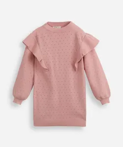 vestido infantil de tricot manga longa com babados rosa 4