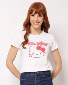 Camiseta Feminina Algodão Hello Kitty com Estampa Branca G