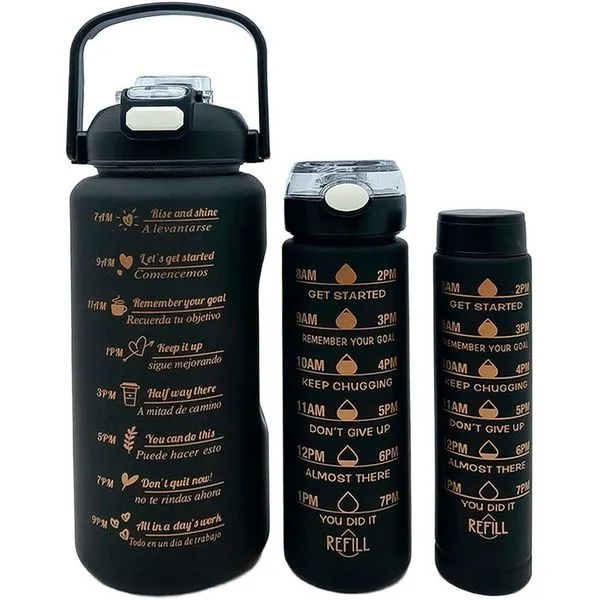Kit Garrafas de Água para Treino com Frases Motivacionais Capacidades 2L 900ml 300ml Plástico Preto Kit Garrafas de Água Kit para Treino com Frases Motivacionais Capacidades 2L 900ml 300ml Preto
