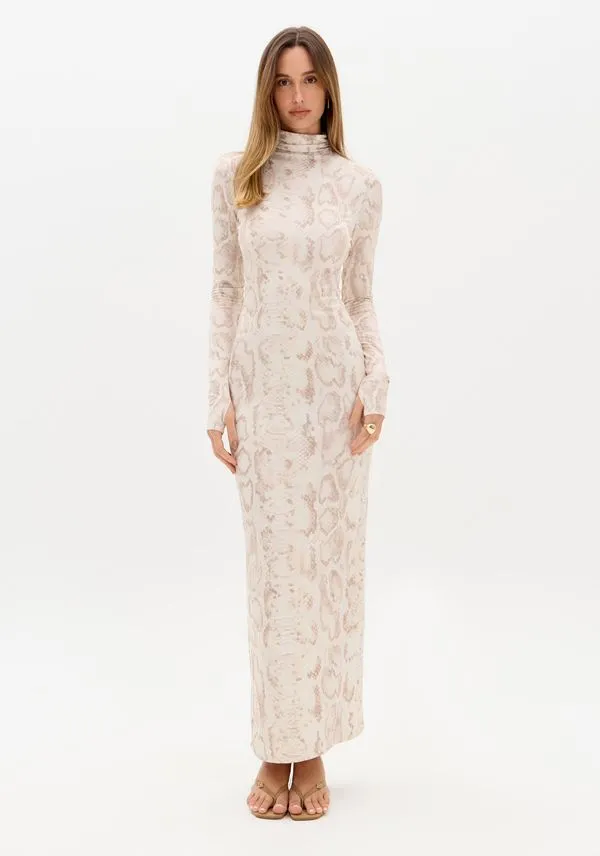 Vestido Super Midi Estampado Manga Longa Bege G