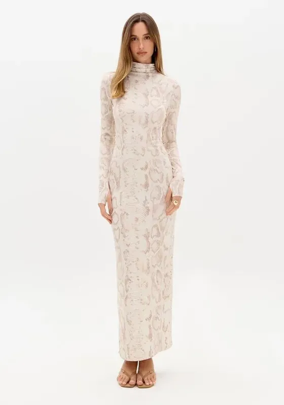 Vestido Super Midi Estampado Manga Longa Bege G