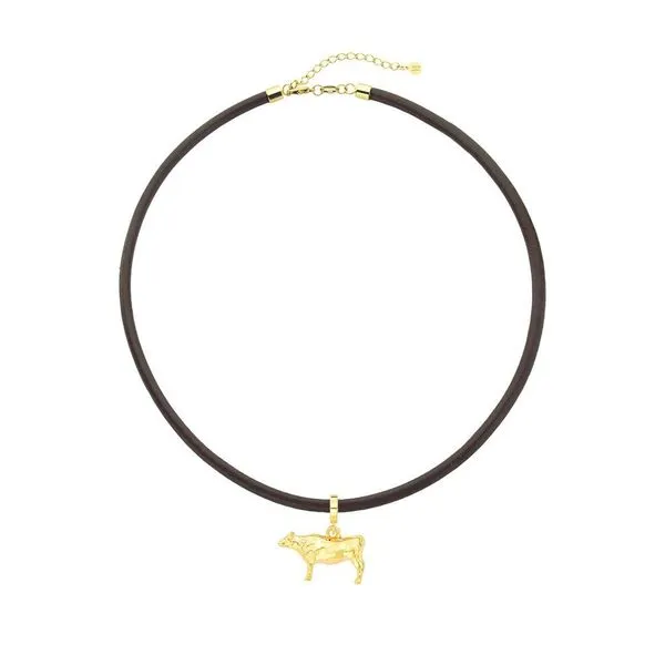 Colar De Couro Natural Café Com Pingente Boi Revestido Em Ouro Tamanho 52cm
