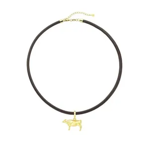 Colar De Couro Natural Café Com Pingente Boi Revestido Em Ouro Tamanho 52cm