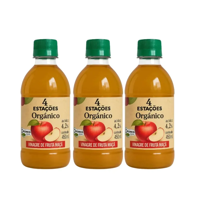 Kit Vinagre De Maçã Orgânico 4,2% Acidez - 4 Estações 3 Unidades 450ml