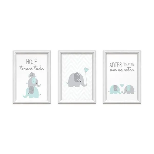 Kit 3 Quadros Decorativos Familia Elefantes 24x34cm