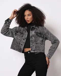 Jaqueta Jeans Feminina Sawary Cropped Animal Print Preto P