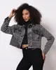 Jaqueta Jeans Feminina Sawary Cropped Animal Print Preto P