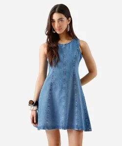 vestido curto feminino jeans com recortes azul PP