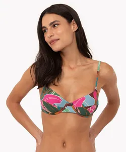 biquini top floral meia taça com bojo e aro proteção uv rosa GG