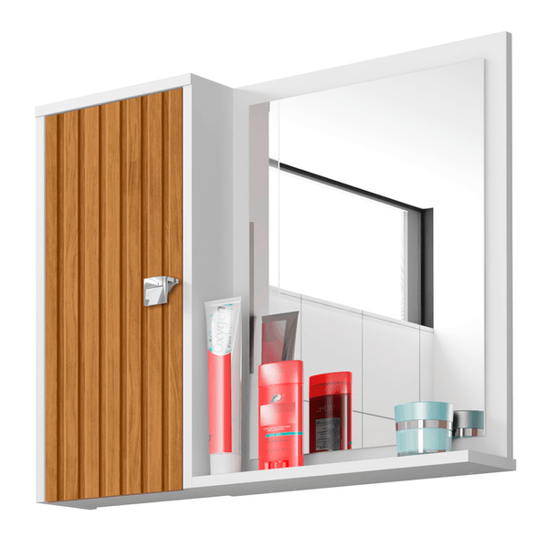 Espelheira Com Armário para Banheiro em MDP, 1 Porta, 2 Prateleiras - Gênova Branco / Ripado