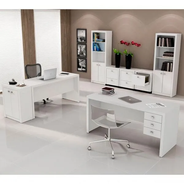 Conjunto Escritorio Completo 8 Peças Cj22 Branco Branco