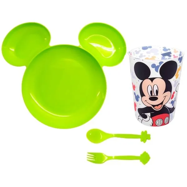 Kit Pratinho Infantil com Divisórias Verde e Copo do Mickey 320ml