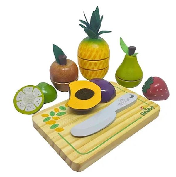 Kit 6 Frutinhas com Corte + Faca + Tabua de Madeira
