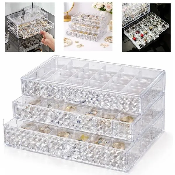 Porta Joias Organizador 72 Divisorias Caixa Acrilica 3 Gavetas para Acessorios Transparente Yeet Porta Joias Organizador 72 Divisorias Caixa Acrilica 3 Gavetas Transparente Yeet