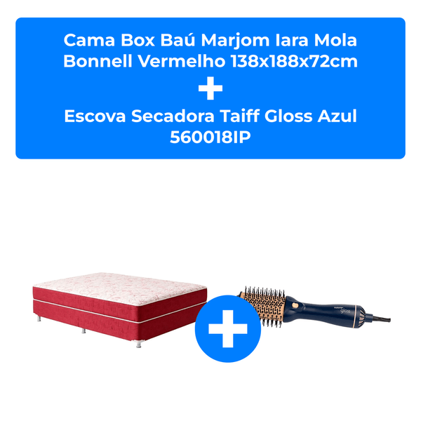 Kit Cama Box Baú Casal 72x138x188cm Marjom Iara Molas + Escova Secadora Taiff Gloss Azul