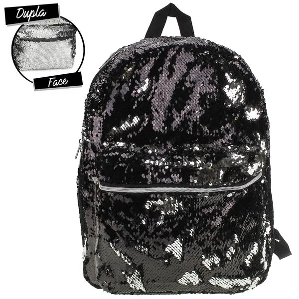 Mochila Cute Glow Paetê Clio Girls - CG9428 PRETO/CINZA
