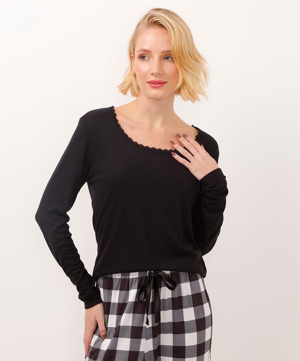 blusa de pijama manga longa com renda preta GG