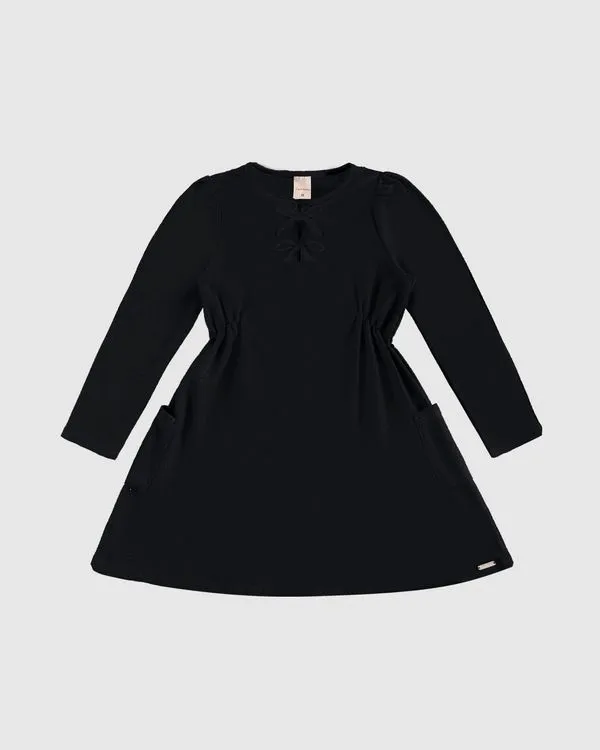 Vestido Menina Detalhe Laço Bolso Lateral Em Malha Texturizada - Carinhoso Preto - 16
